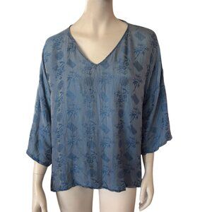 Silk Blouse Om Gallery V-Neck Blue Asian Print Short Sleeve